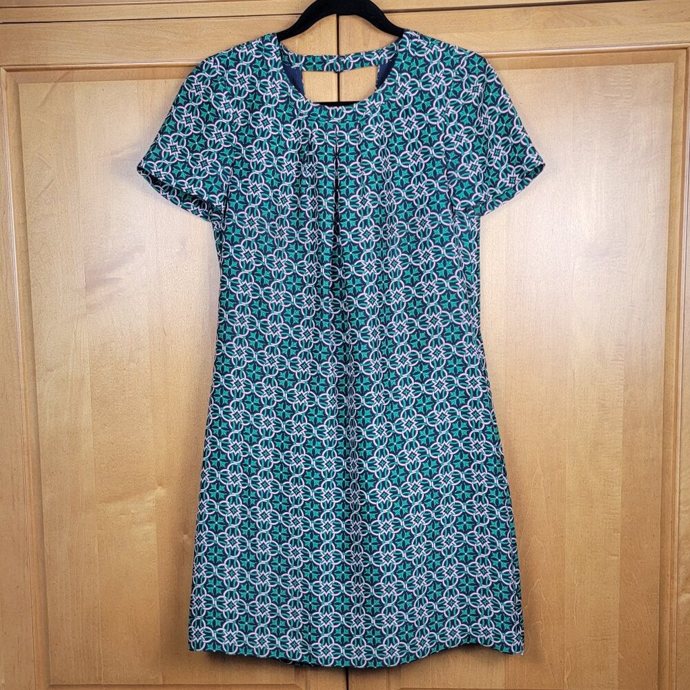 J. Crew Cutaway Back Green Navy Silk Swoop Dress in Latticework Medallion - 0